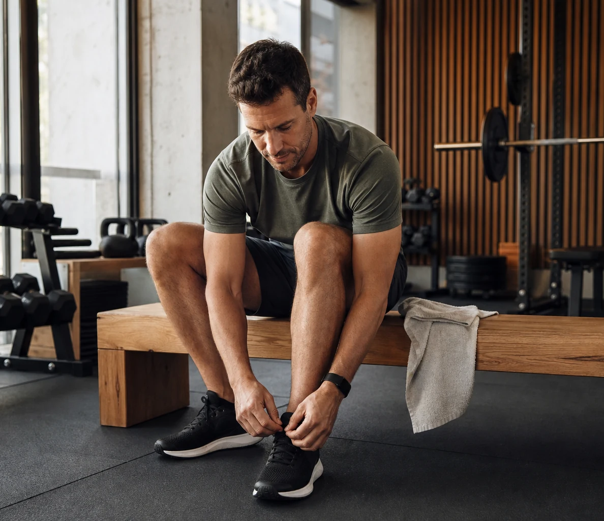 Man tying his shoes after a morning workout