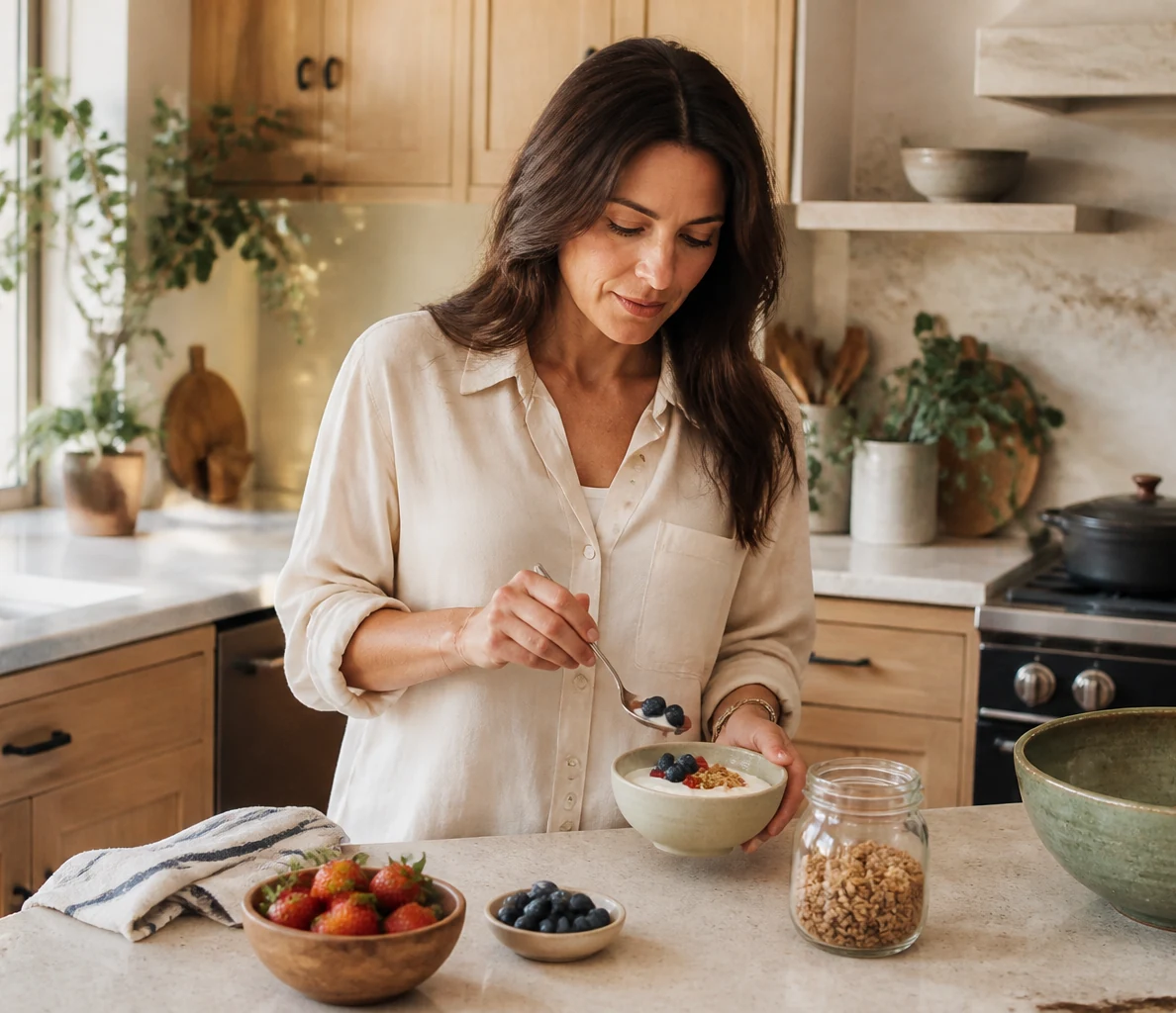 Woman preparing berries and yogurt in a sunlit kitchen