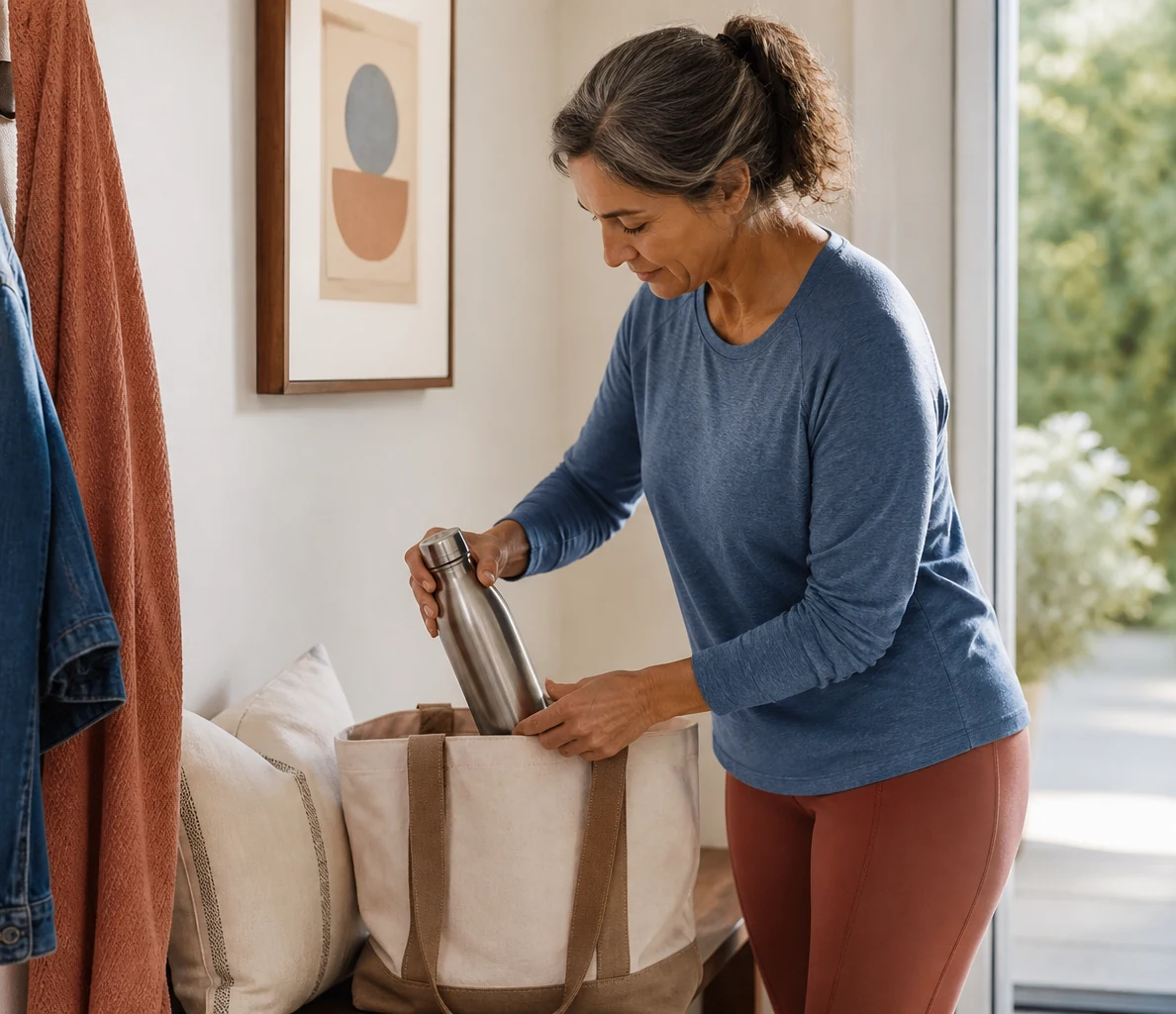 Woman packing a reusable water bottle into a canvas tote