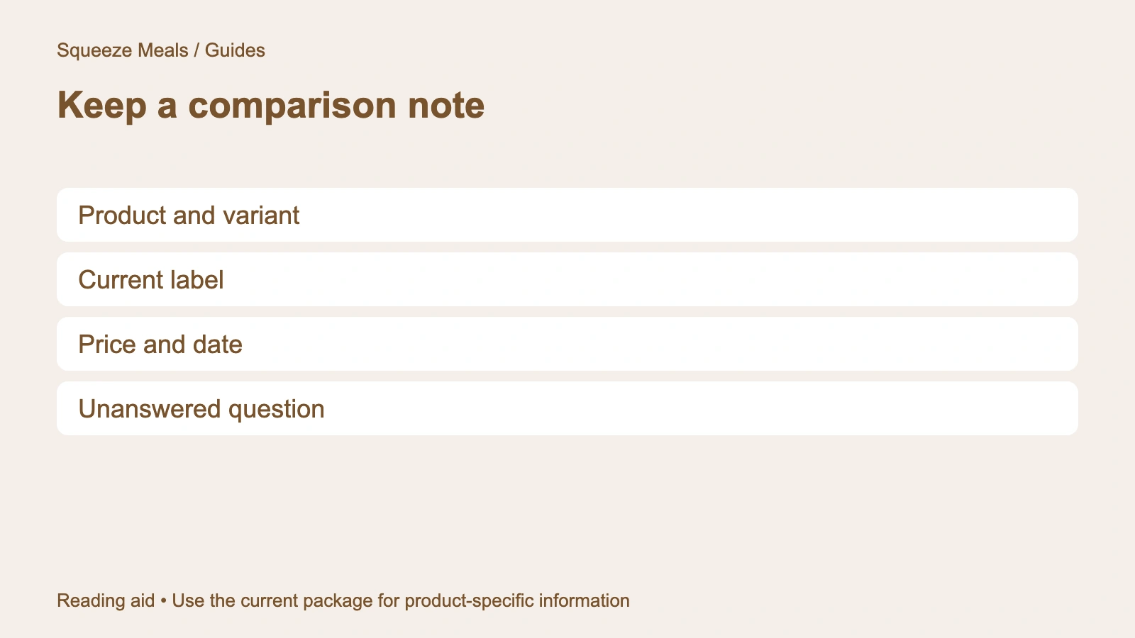 Keep a comparison note. Product and variant. Current label. Price and date. Unanswered question.