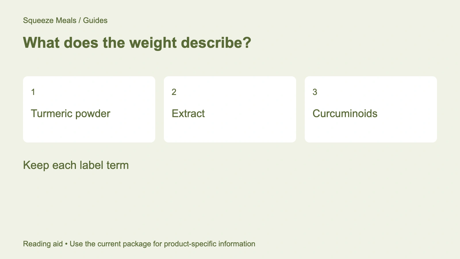 What does the weight describe? Turmeric powder. Extract. Curcuminoids. Keep each label term.